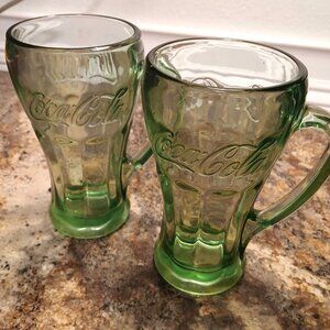 Vintage 2 Large Coca-Cola Embossed Green Glass MugS With HandleS SHIPS FREE
